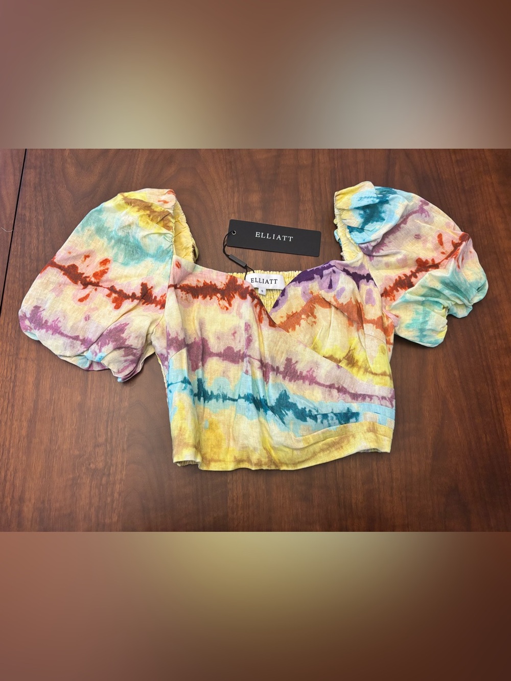 ELLIATT Adore Top Size S NWT Linen Puff Sleeve Multicolor Smocked Crop $225
